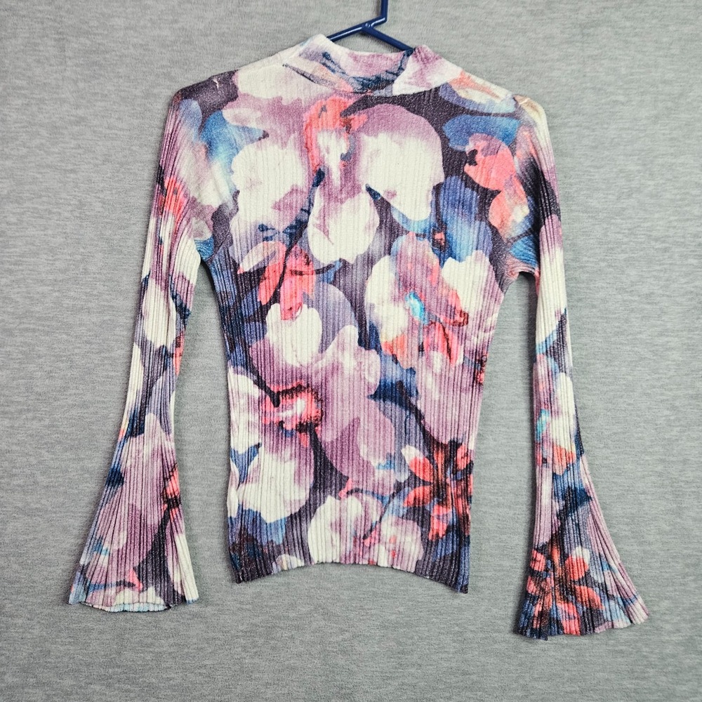 Pilcro Anthropologie Women Ribbed Floral Mesh Top Sheer Stretch Sz S Bell Sleeve